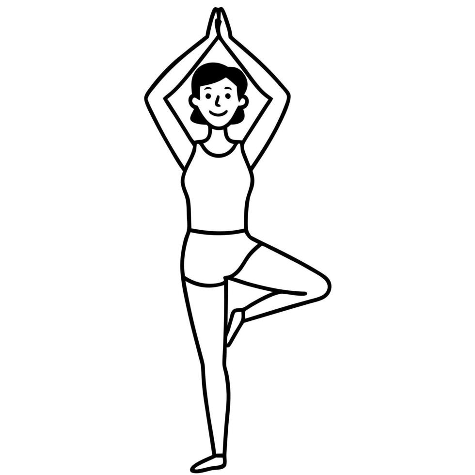 a graceful figure performing the tree pose, with one leg bent and the other extended, arms raised vector