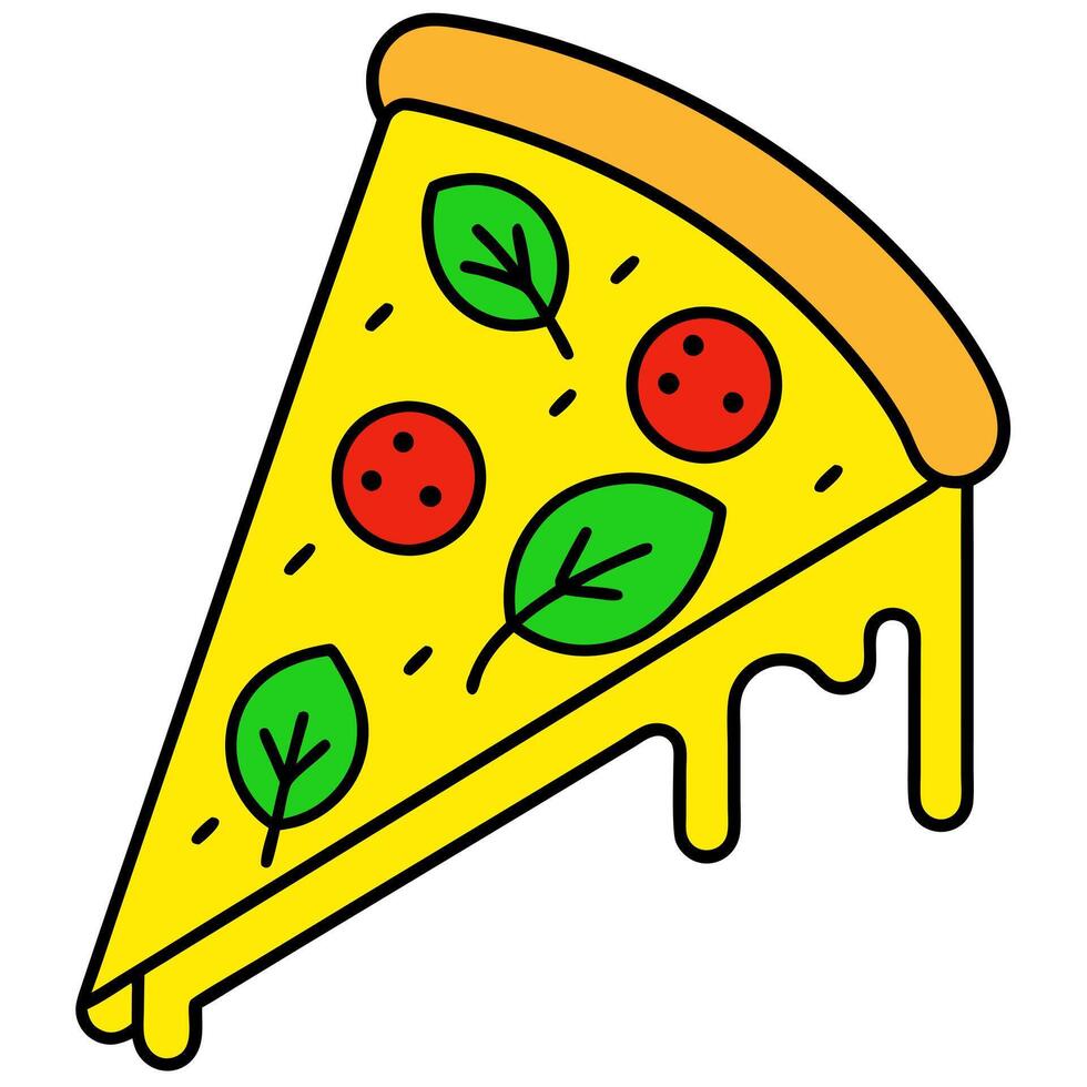 a brightly colored slice of pizza with a golden crust and melted cheese, topped with circular vector