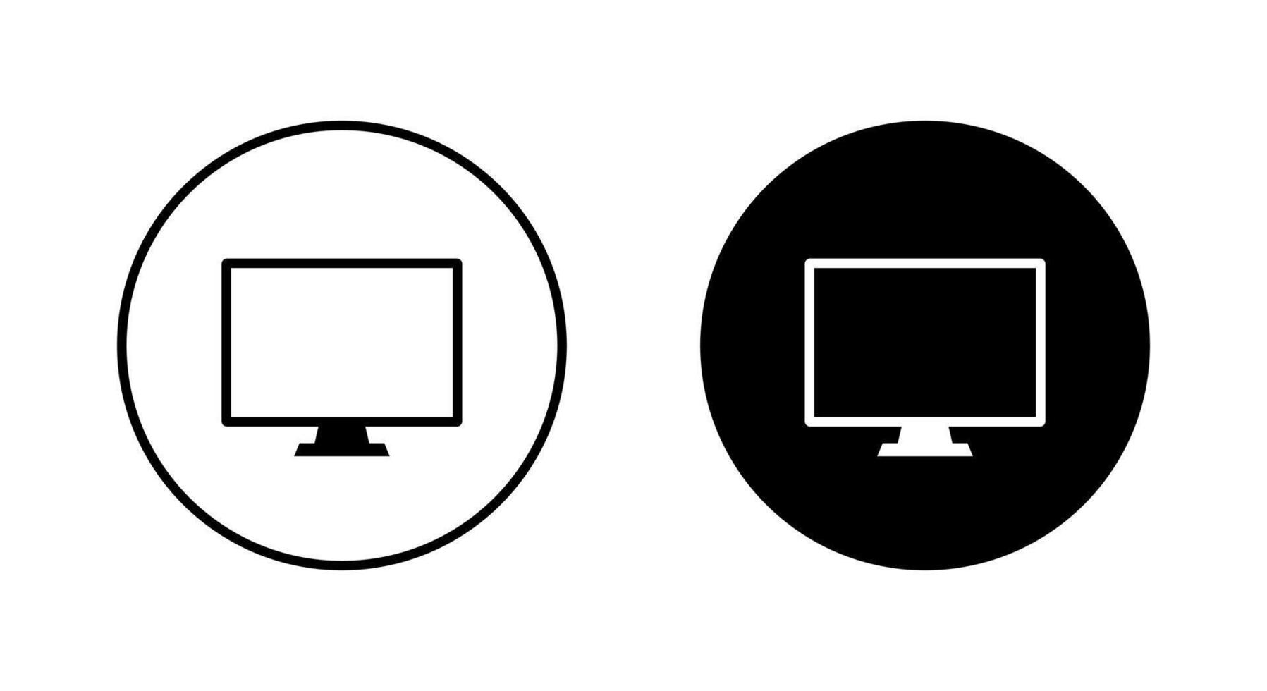 Monitor display icon on black circle. Computer desktop screen sign symbol vector