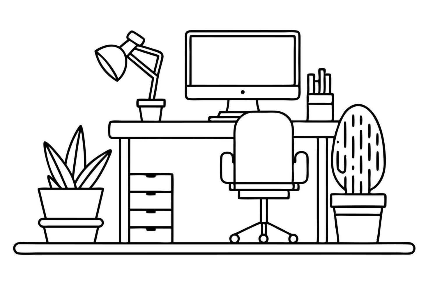 single line drawing of chair and desk with modern computer, stack of books and potted plant, vector