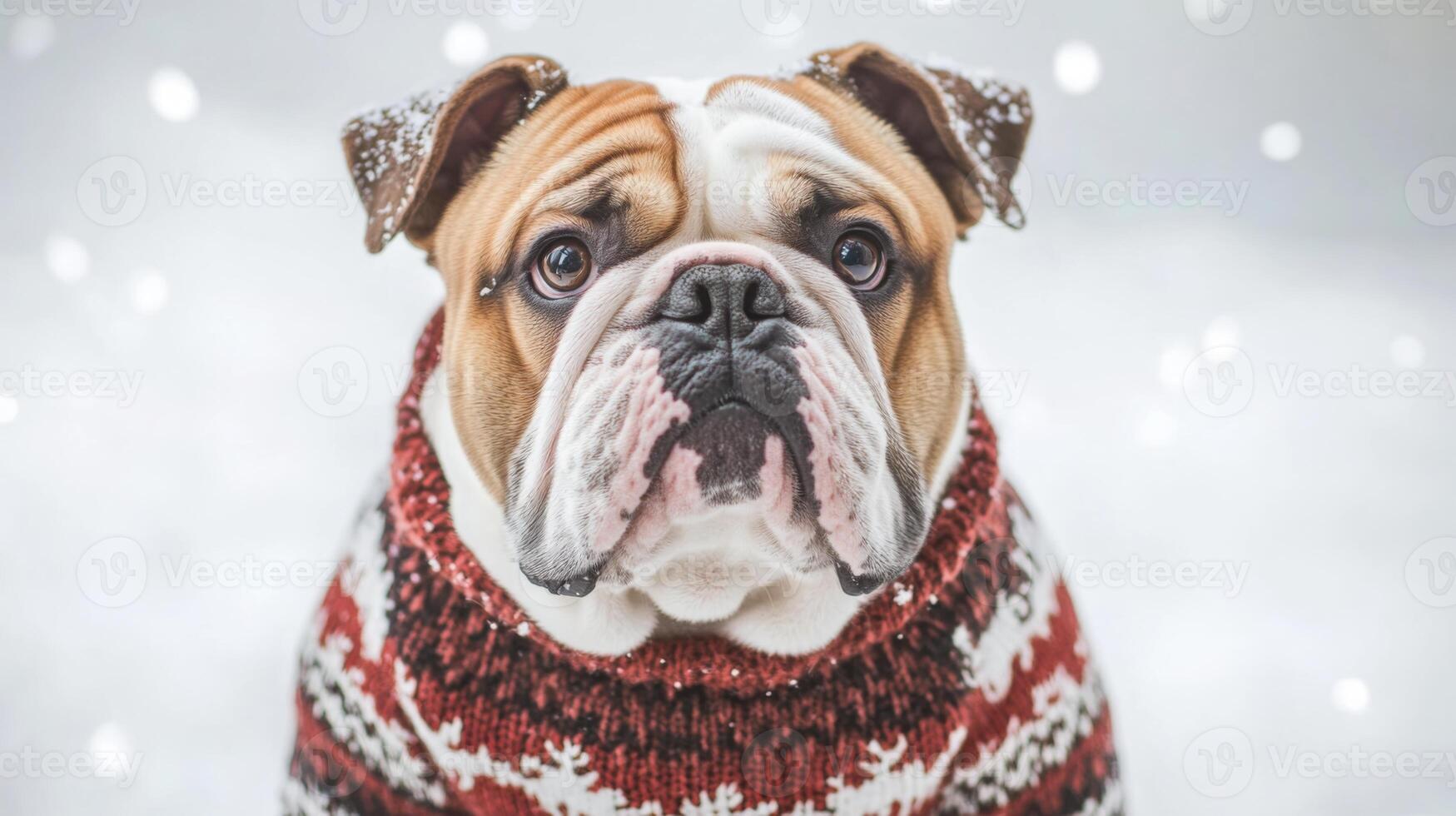 A bulldog wearing a cozy, patterned sweater sits in the snow, surrounded by gently falling snowflakes on a chilly winter day, exuding a sense of warmth and joy despite the cold atmosphere. photo