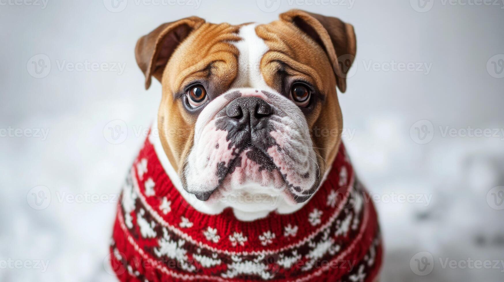 A bulldog wears a cozy, festive sweater with a snowflake pattern, sitting proudly on a light snowfall. Its expressive eyes and adorable face create a heartwarming winter atmosphere. photo