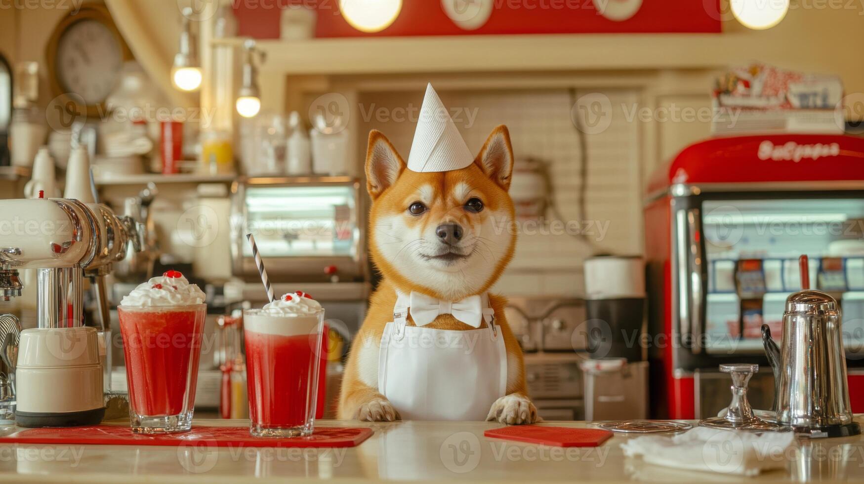 A cheerful Shiba Inu dressed in a white apron and hat stands behind a counter at a vintage diner, presenting two delicious-looking milkshakes topped with whipped cream and cherries. photo