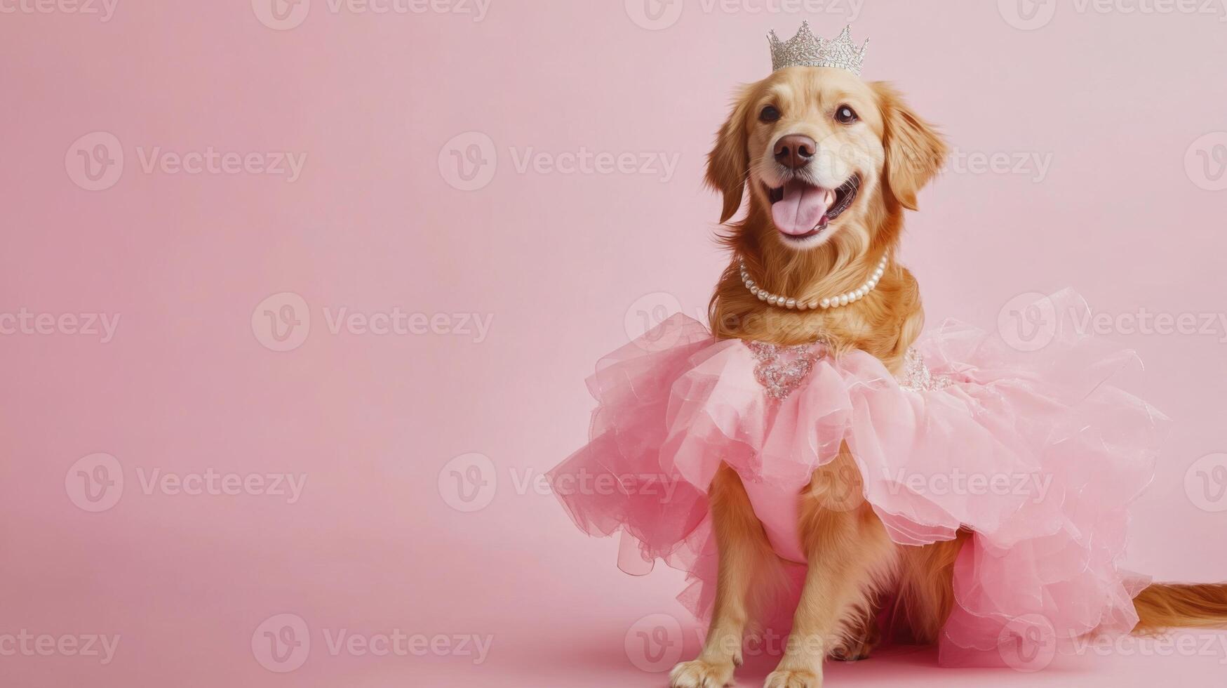 A cheerful golden retriever wears a fluffy pink dress and a sparkling tiara, exuding joy and playfulness. The pastel background enhances the whimsical and delightful atmosphere. photo