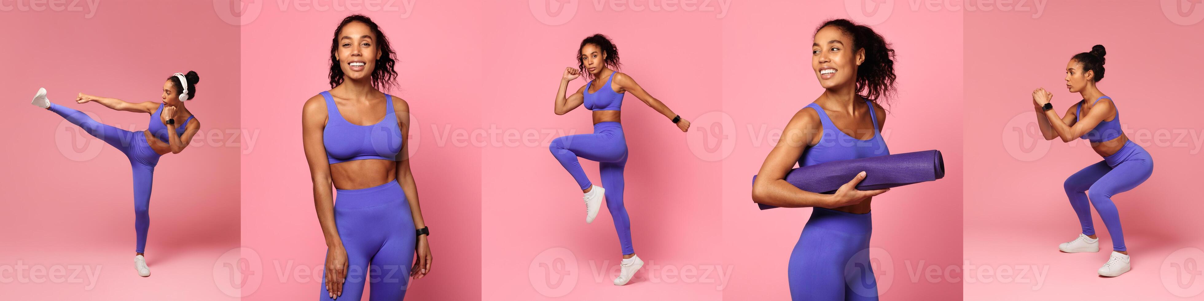 African American woman performs dynamic exercises in purple athletic wear, demonstrating movements like leg lifts, jumps, and squats in a vibrant pink setting, exuding energy and enthusiasm photo