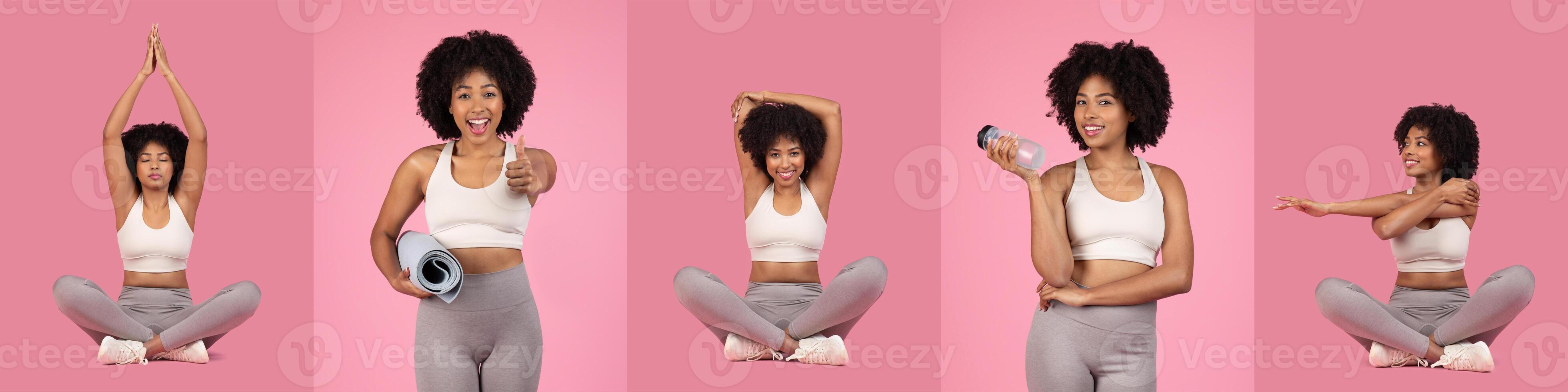A young black woman showcases a series of fitness exercises against a pink background, emphasizing stretching, weights, and wellness. Her expressions convey motivation and energy photo