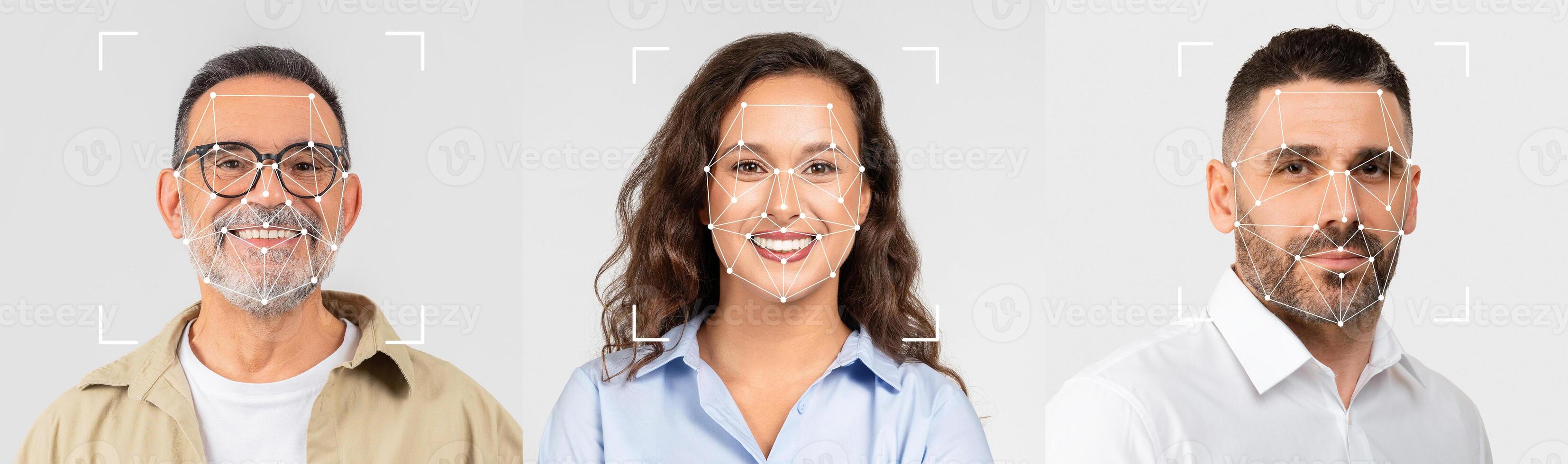 Facial recognition. Three people are joyfully posing side by side, displaying a friendly atmosphere. Their expressions reflect happiness, with a neutral background emphasizing their features. photo
