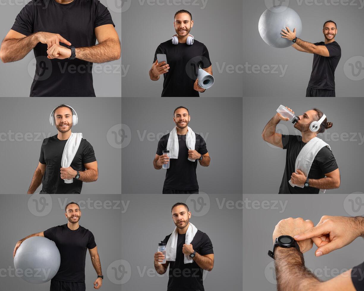 A man exercises enthusiastically, using a fitness watch for timing, hydrating with a water bottle, and enjoying music through headphones while holding a workout ball. photo