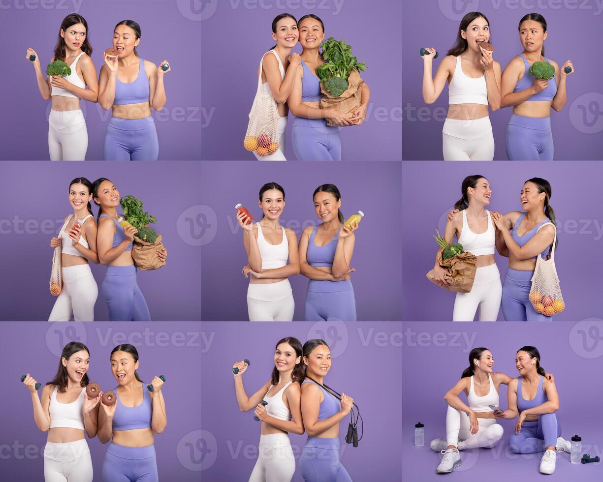 Two multiracial women in matching outfits showcase a variety of healthy foods and fitness items, displaying joyful camaraderie. They pose with fruits, vegetables, and exercise gear photo