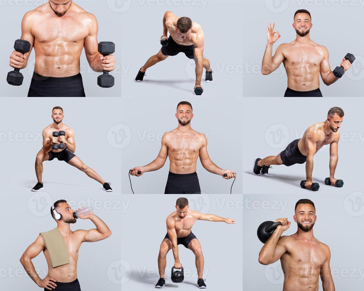 A fit man performs different strength training exercises like dumbbell curls and push-ups in a well-lit gym. His focus and effort demonstrate dedication to fitness and personal health. photo