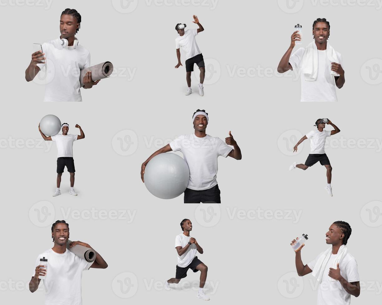 A young black man engages in various fitness activities, showcasing joy and energy while using workout accessories like a yoga mat and a stability ball. He displays enthusiasm for a healthy lifestyle. photo
