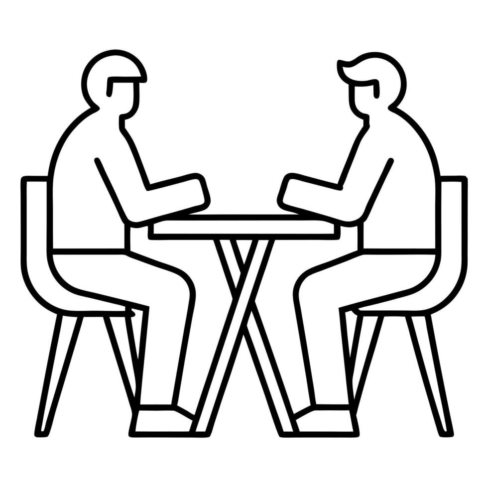 an abstract icon of two men sitting on a chair with a table between them, having a conversation, vector