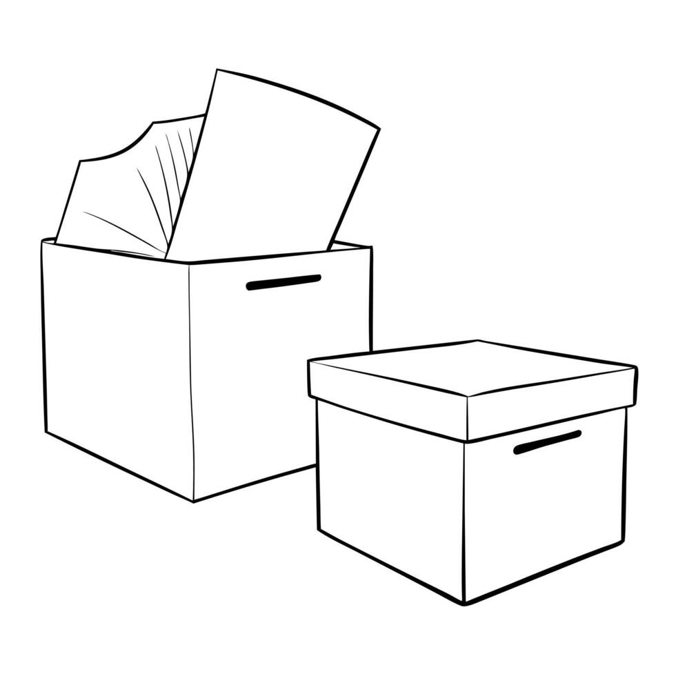 3 boxes with paper documents next to each other, illustration line art vector