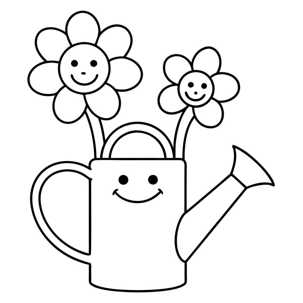 smiley face watering can and flowers, illustration line art vector