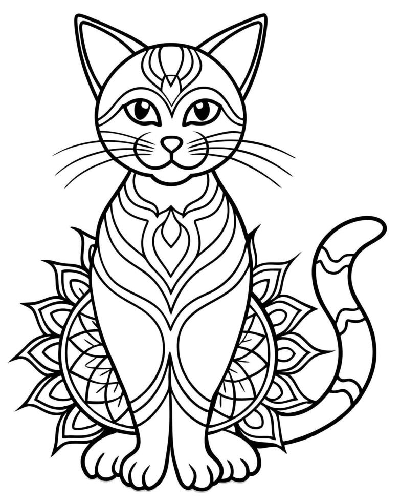craft a sitting cat with mandala, white background, illustration line art vector