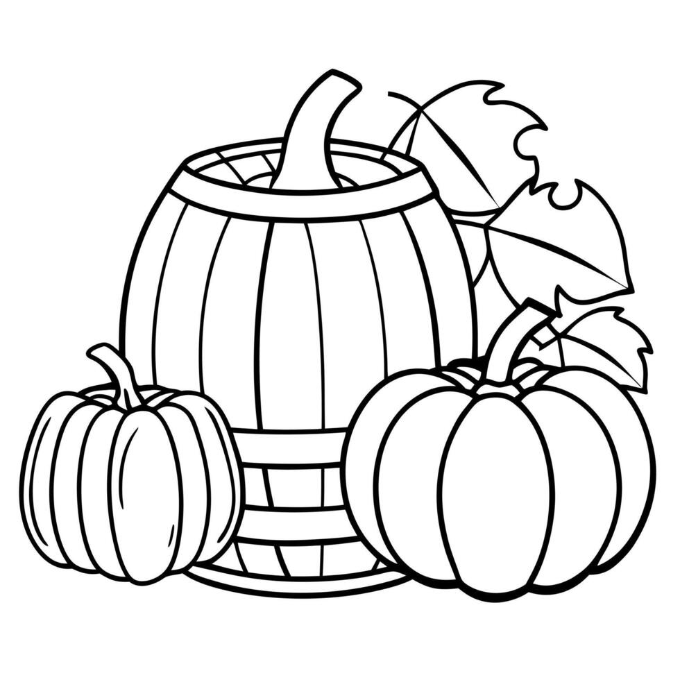autumn scenery of pumpkins and wooden barrel, coloring page, white background, no colors, vector
