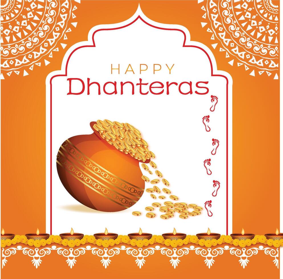 happy dhanteras celebration background with oil diya and kalash vector