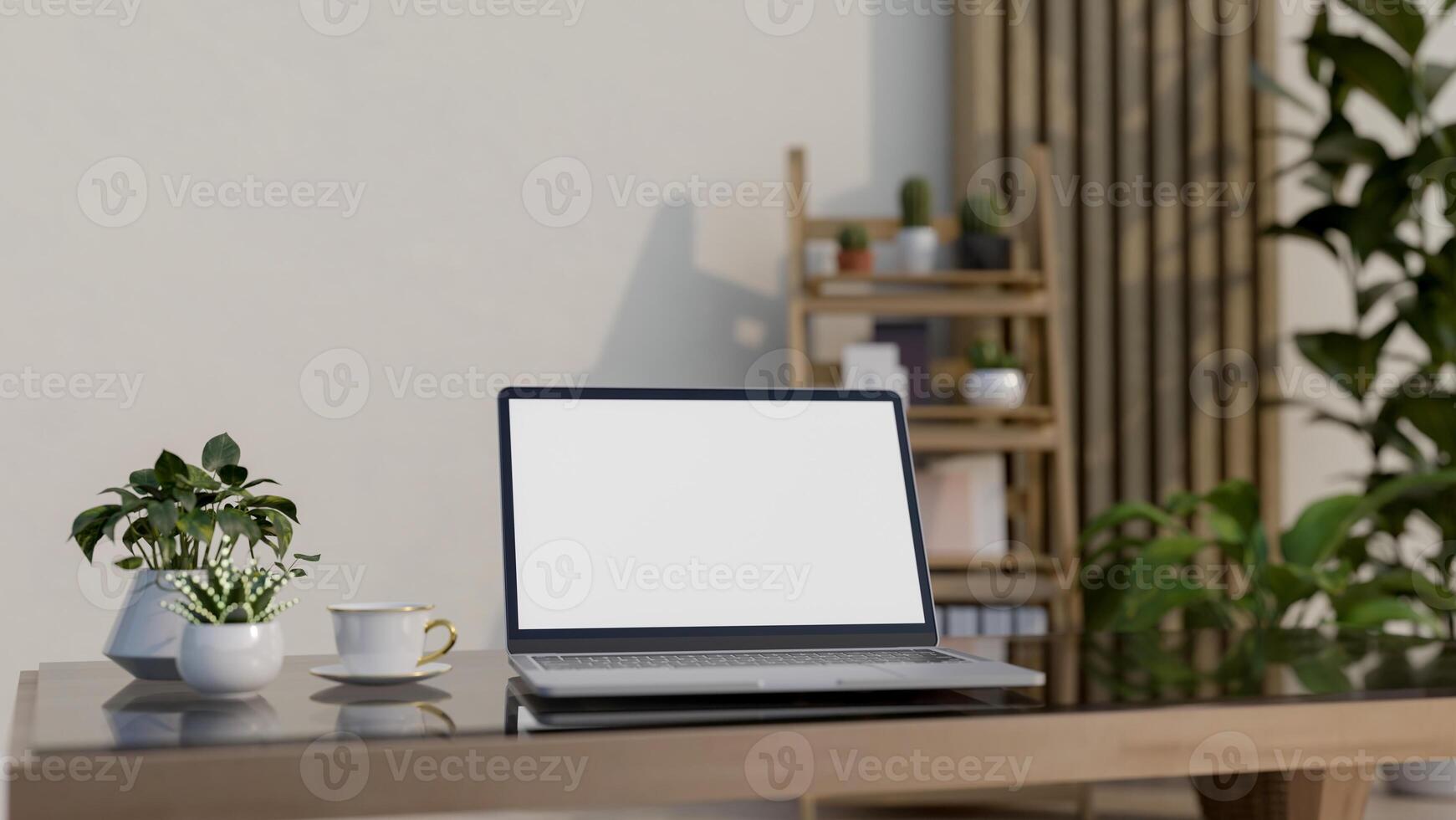 A close-up of a laptop with a white screen mockup on a coffee table in a minimalist room. photo