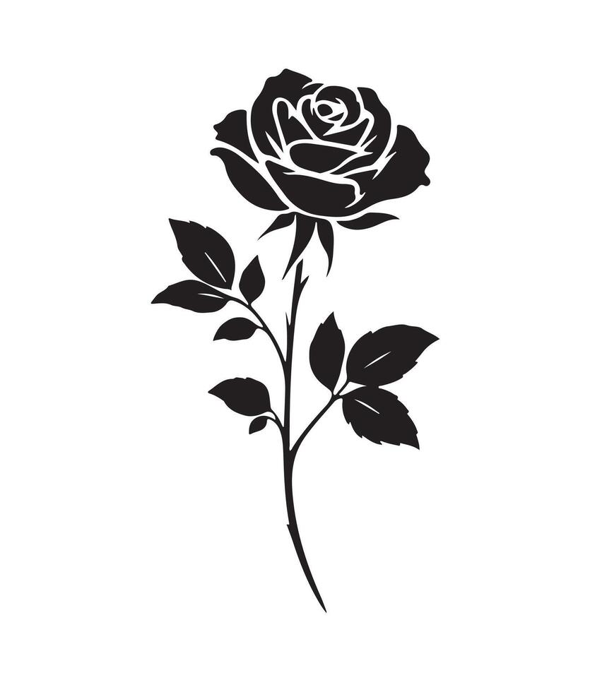 A beautyful rose silhouette icon, featuring smooth, flowing petals, a simple stem, and soft curves, all in minimalist lines that evoke elegance and charm for rose lover. vector