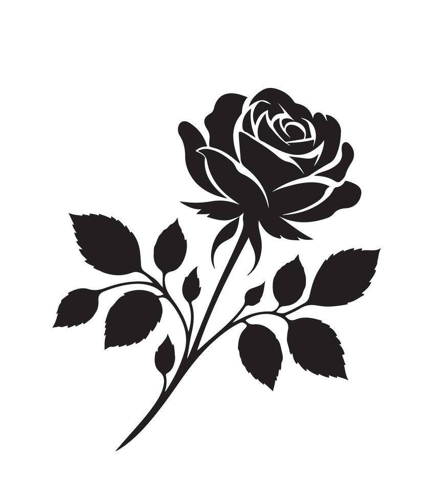 A delicate rose silhouette icon, featuring smooth, flowing petals, a simple stem, and soft curves, all in minimalist lines that evoke elegance and charm with white backraund vector