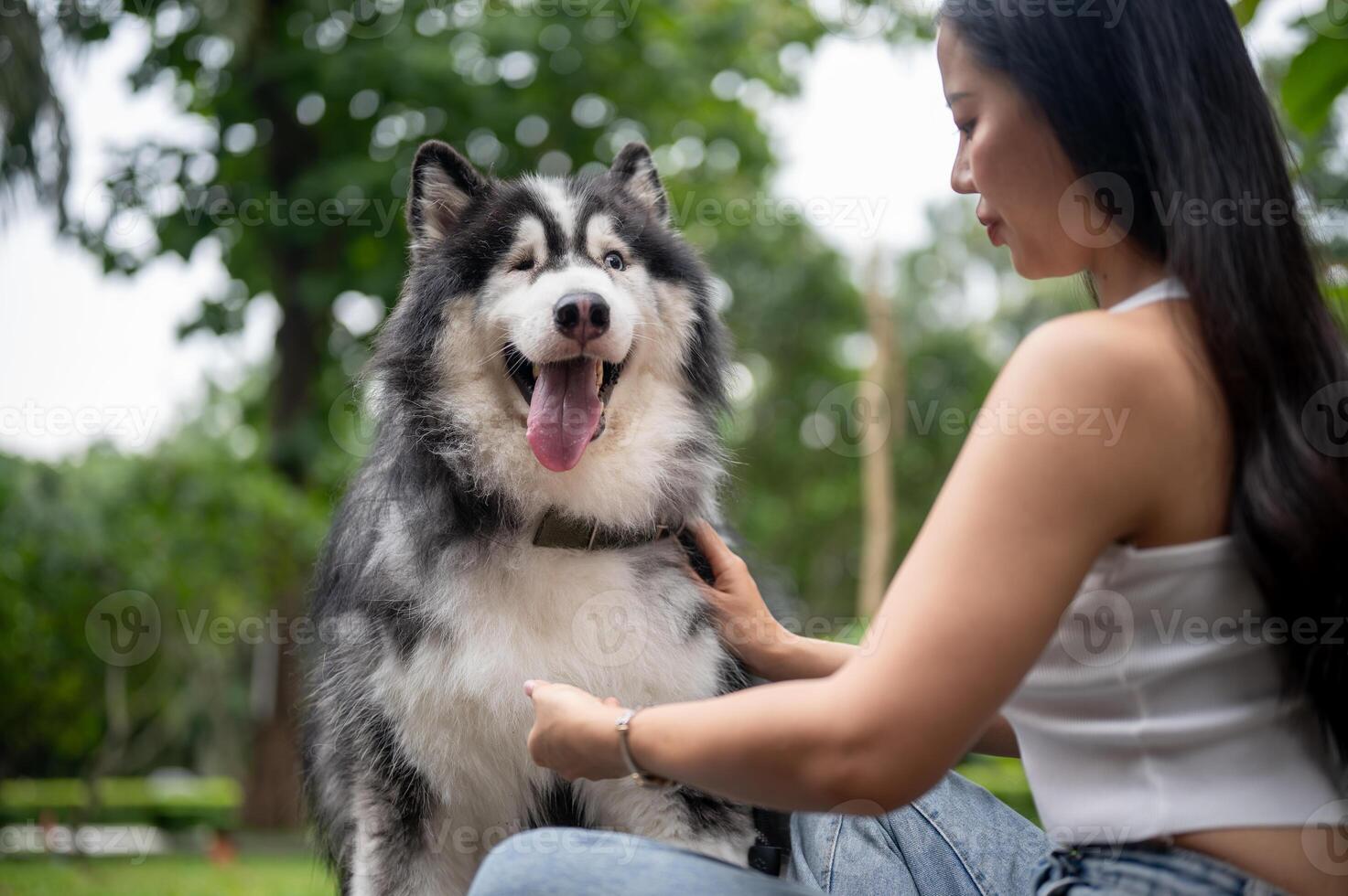 A happy Asian woman is talking and playing with her dog, enjoying a fun moment together in a park. photo