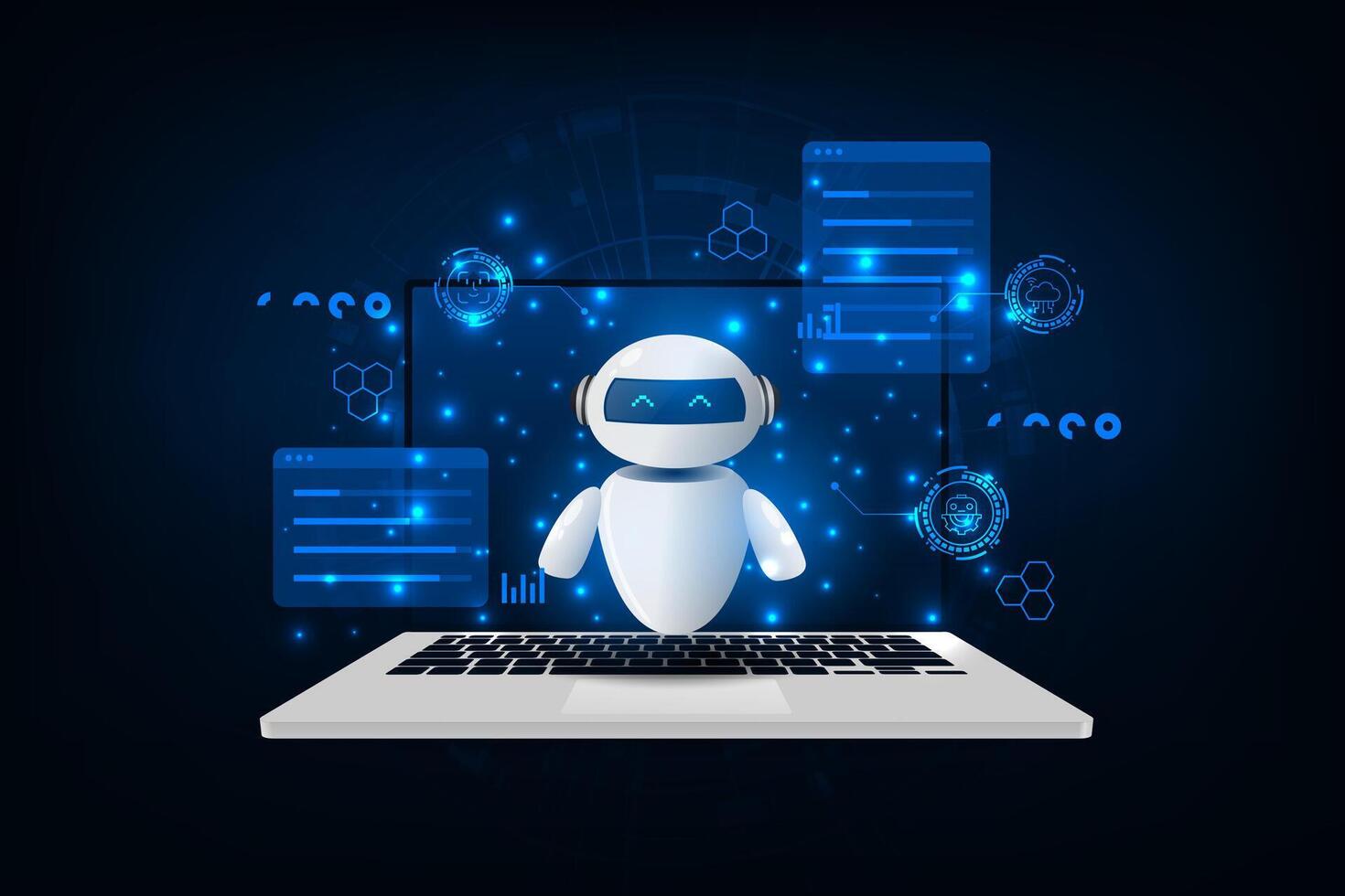 Artificial intelligence chip on a laptop with robot. Abstract digital technology innovation background. vector