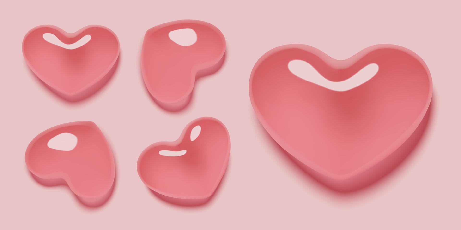 Pink glass hearts 3d realistic shapes with shadow Valentine's Day design elements vector