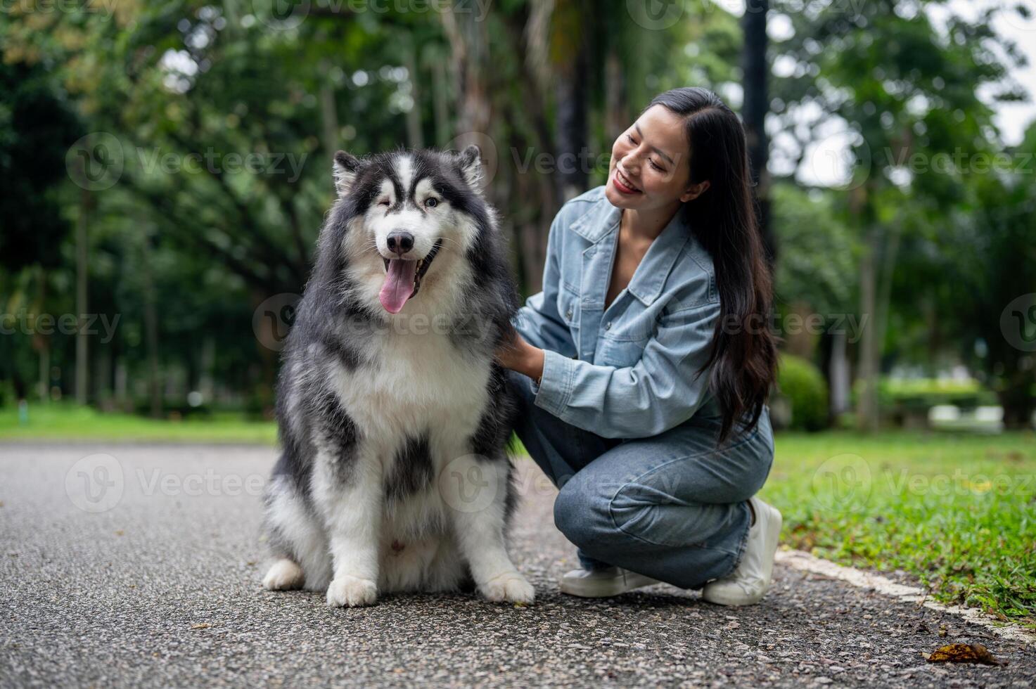 A woman is sitting and talking with her Siberian husky while taking it for a walk in the park. photo