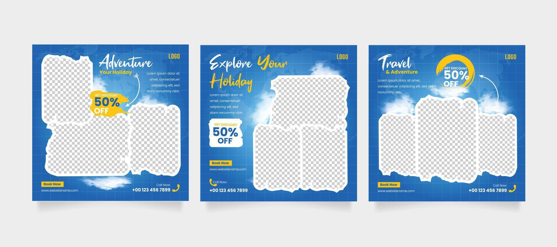 Travel business promotion carousel banner template design for social media post. Travel and tourism marketing carousel, post or poster, flyer, with abstract graphic background vector