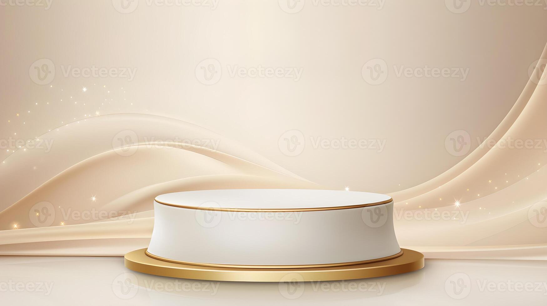 Elegant White Podium Display with Sparkling Golden Curve for Product Showcase photo