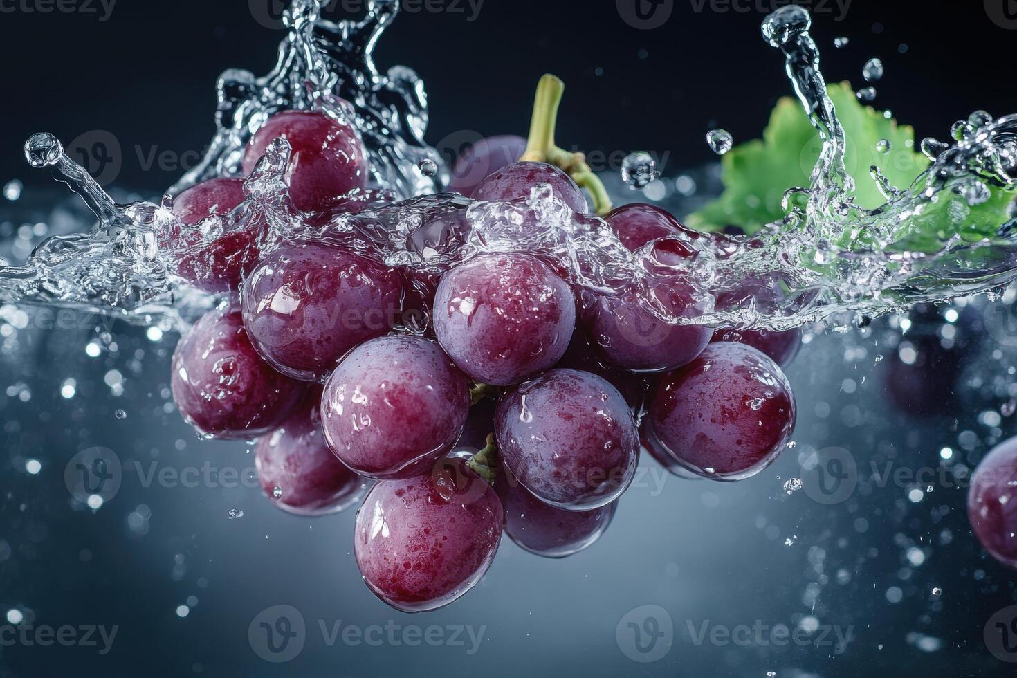 Fresh grapes splash into clear water, creating dynamic ripples and bubbles in a vibrant setting photo