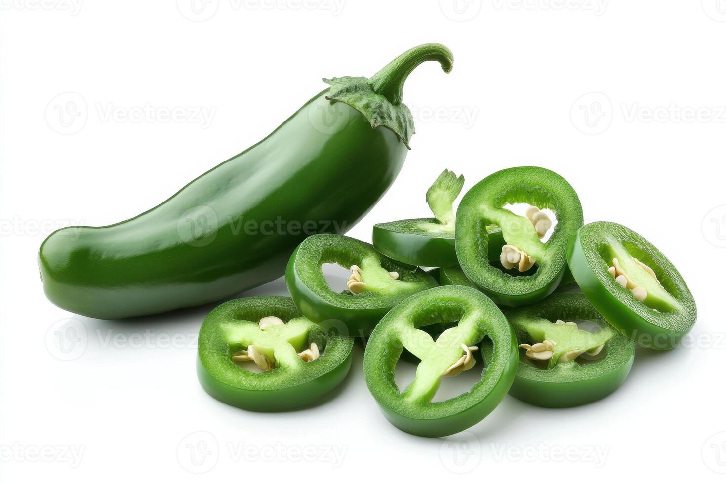 Fresh green jalapeno peppers with slices displayed on a white background showcasing their vibrant color and texture photo