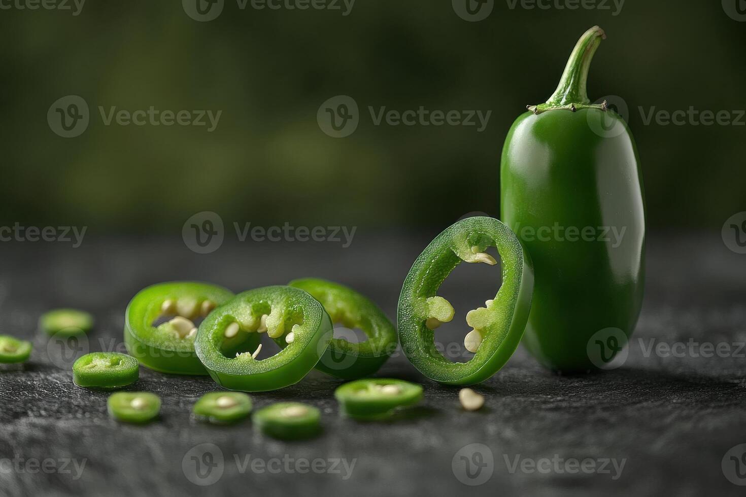 Fresh green jalapenos sliced on a dark surface surrounded by whole peppers in natural light photo