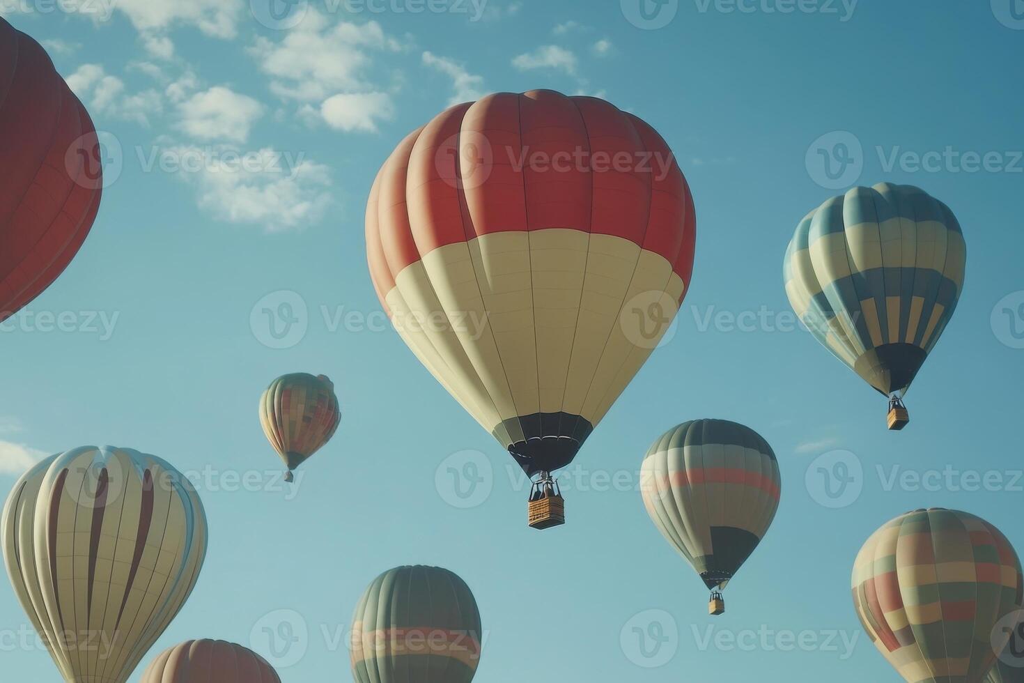 Colorful hot air balloons soaring in a clear sky at sunrise over a picturesque landscape photo