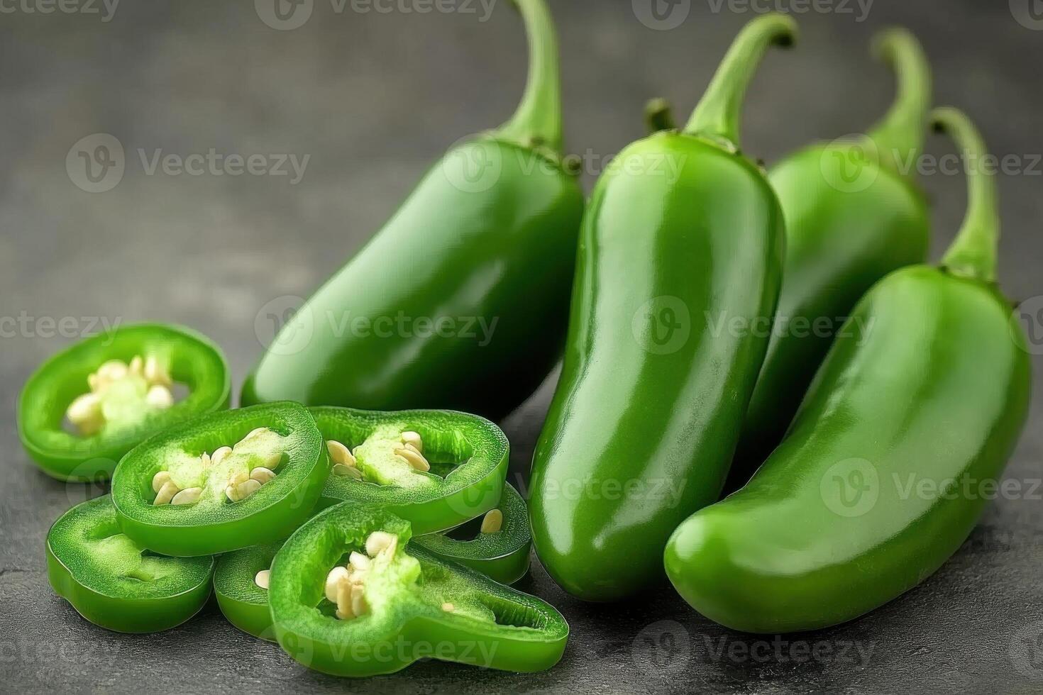 Fresh green jalapenos displayed on a dark surface with sliced pieces showcasing seeds and vibrant color photo