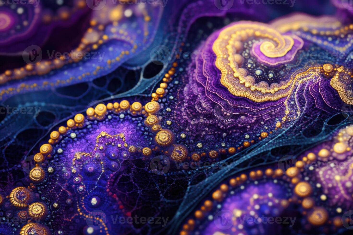 Abstract swirls of purple and gold textures creating a mesmerizing digital artwork in vibrant detail photo