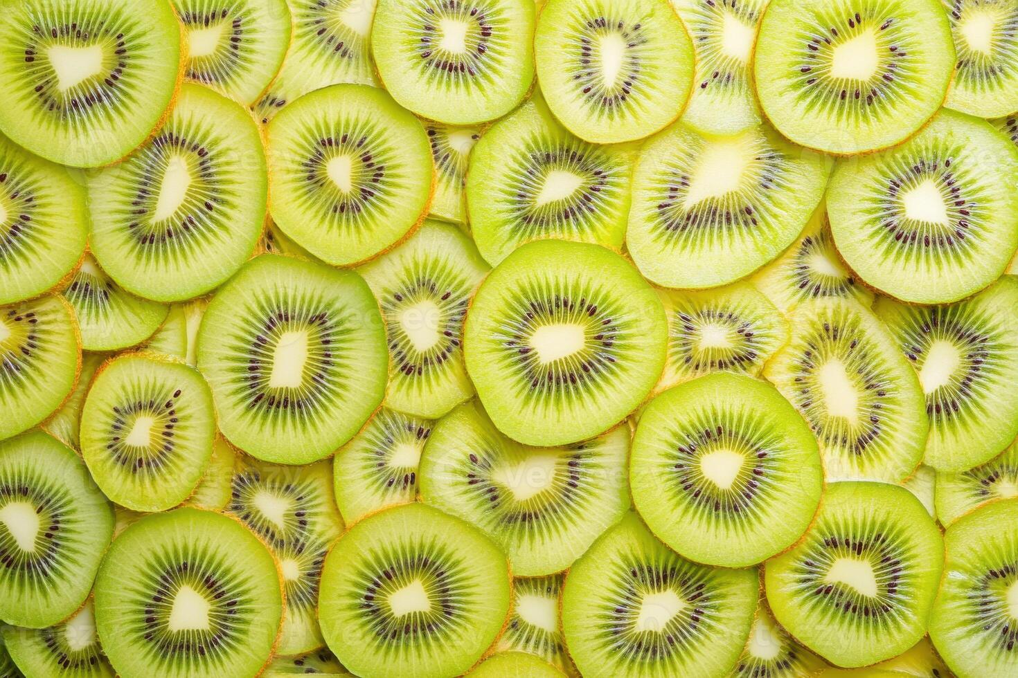 Freshly cut kiwi slices arranged in a vibrant pattern on a wooden surface showcasing the fruit unique texture and color photo