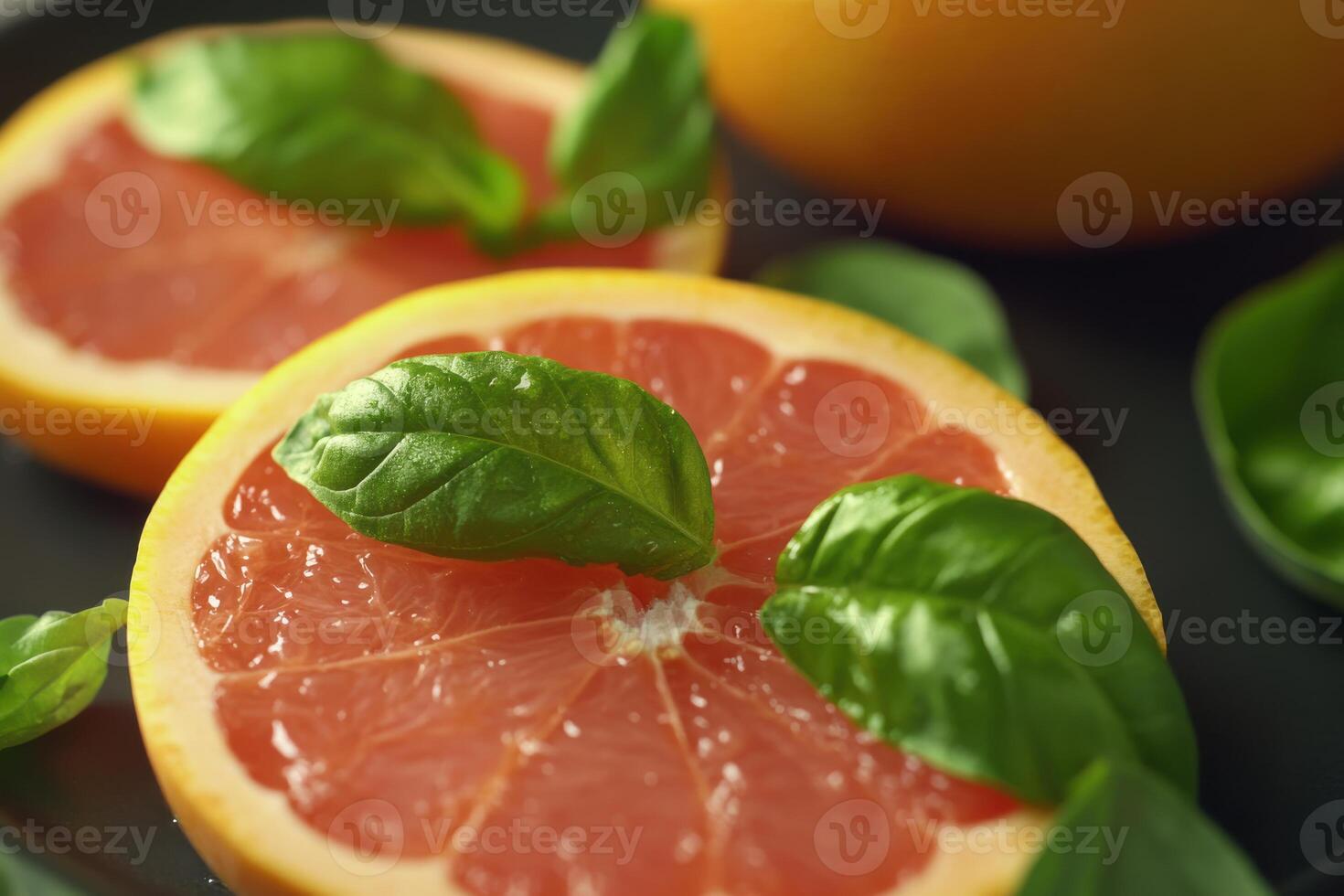 Fresh grapefruit slices garnished with basil leaves on a dark plate in a cozy kitchen setting photo