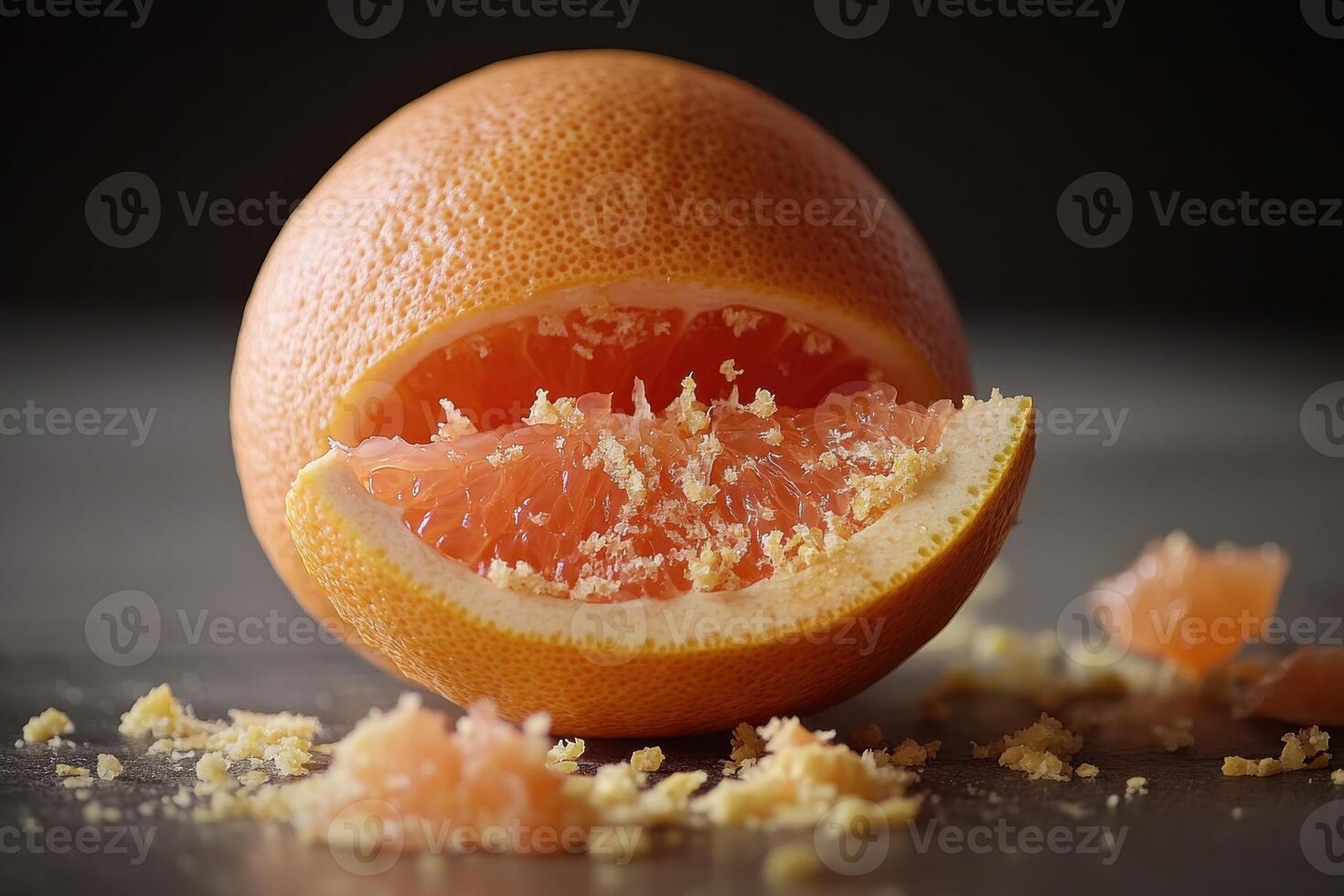 Freshly sliced grapefruit revealing vibrant pink flesh and zest on a dark textured surface photo