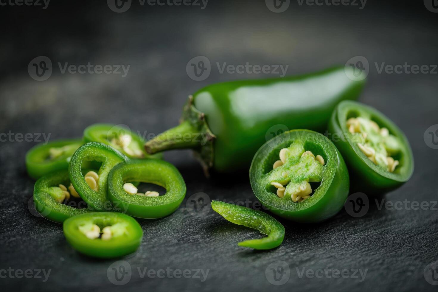 Fresh jalapeno peppers cut and arranged on a dark textured background showing vibrant green color and seeds photo