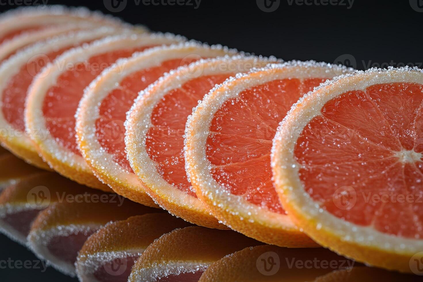 Sweet and vibrant grapefruit slices arranged on a reflective surface with sugar on the edges photo