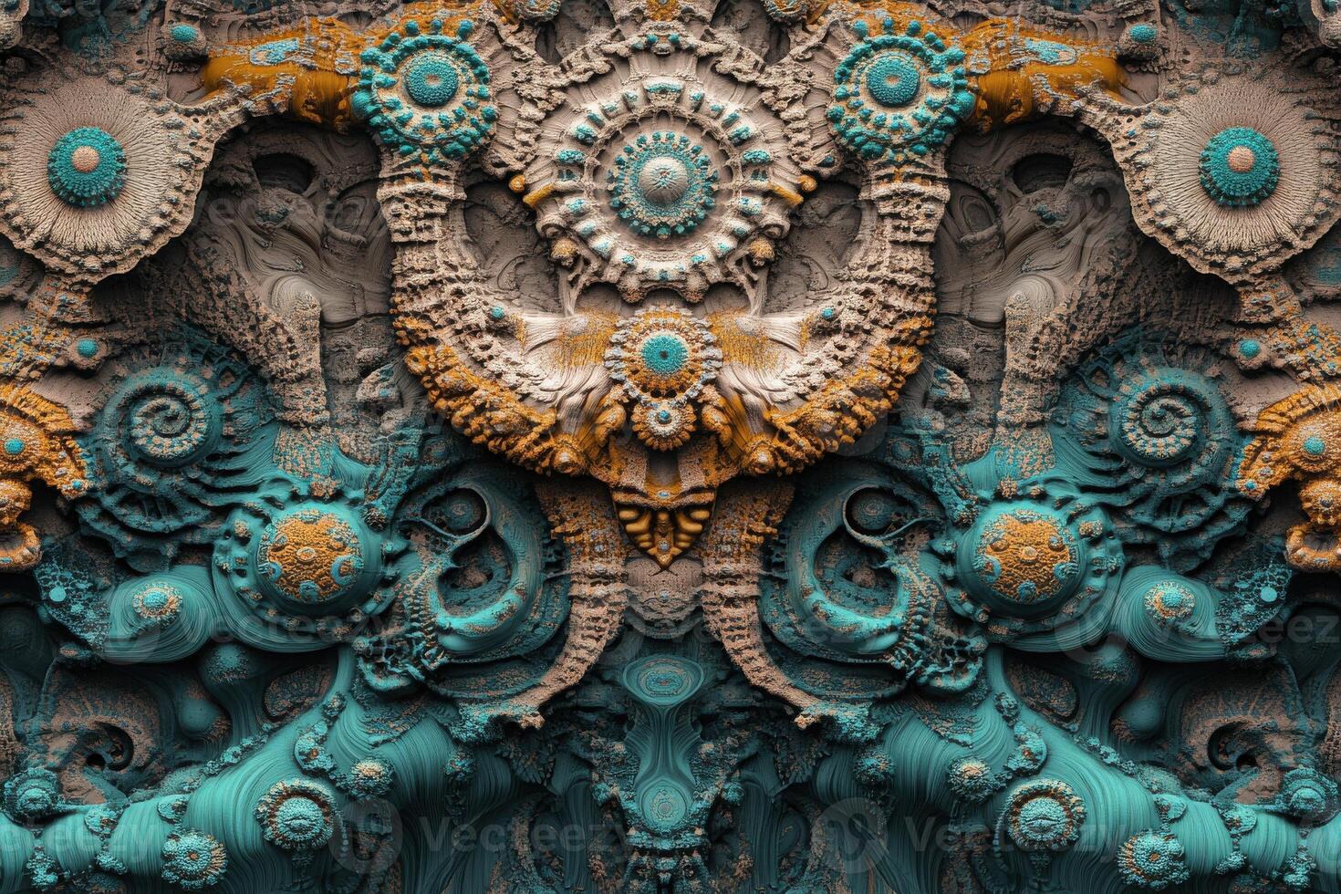 Intricate abstract design featuring ornate patterns and vibrant colors on textured surface photo