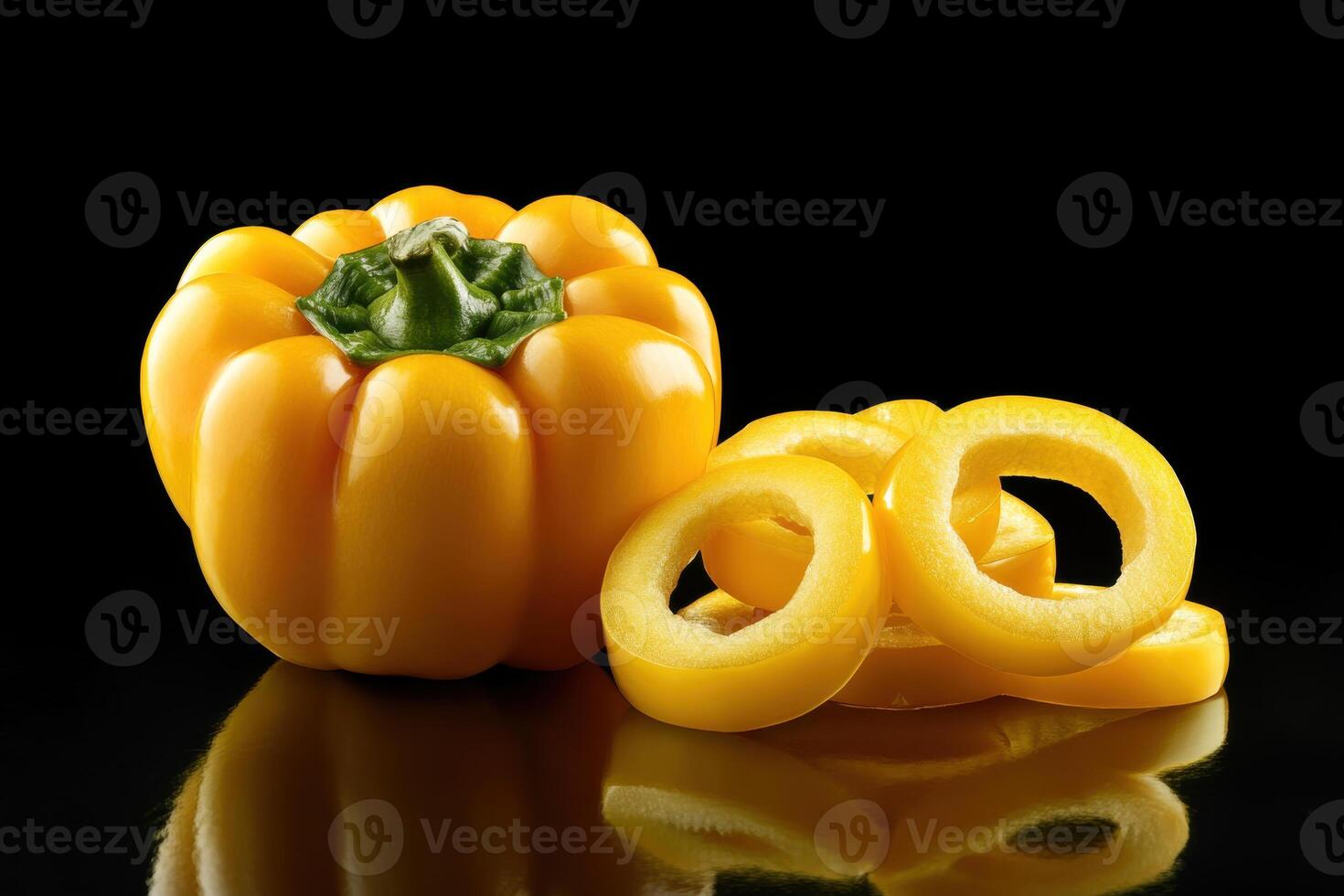 Yellow bell pepper and sliced rings displayed on a black reflective surface in a creative food setting photo