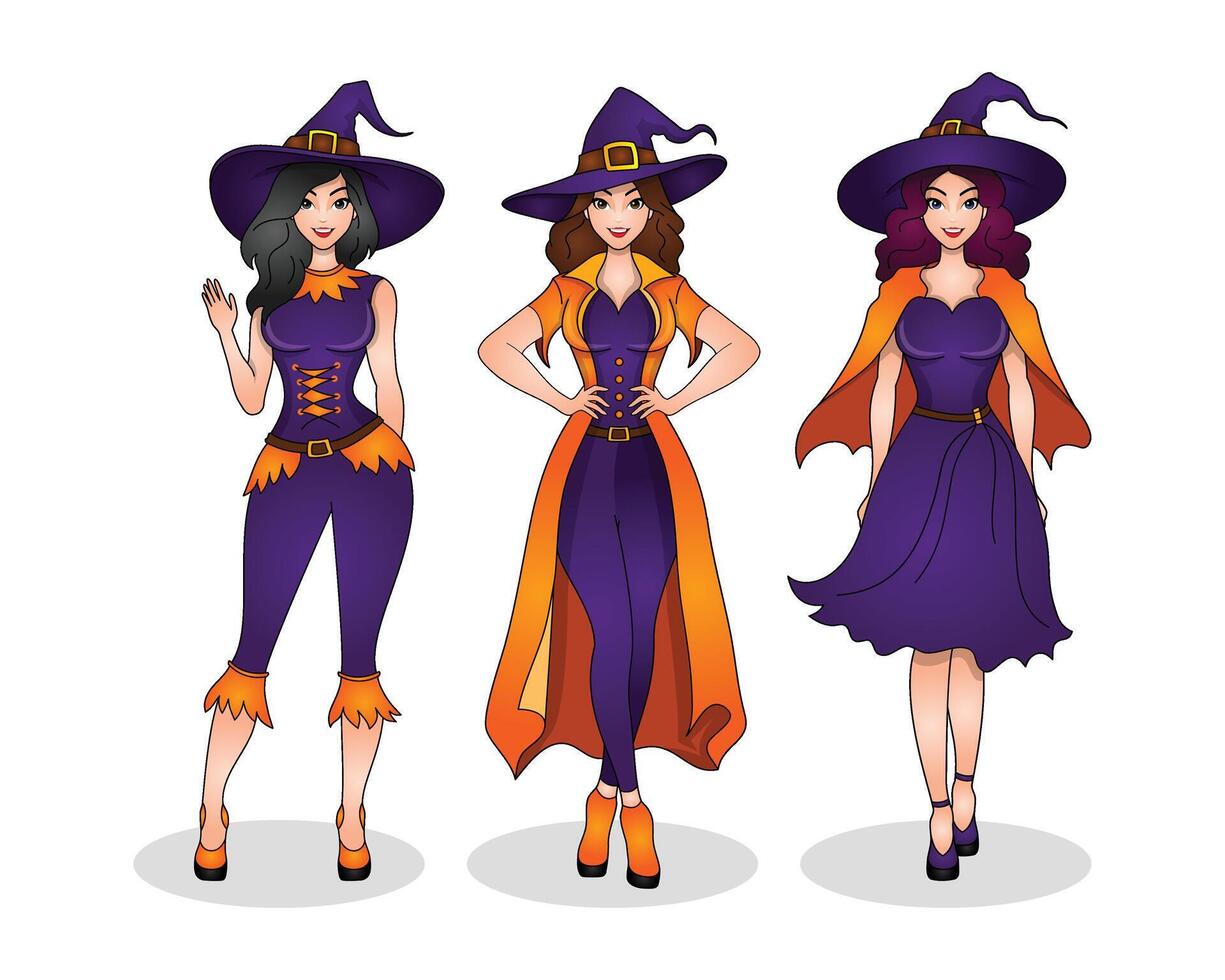 Set of Halloween Woman in Witch Costumes vector