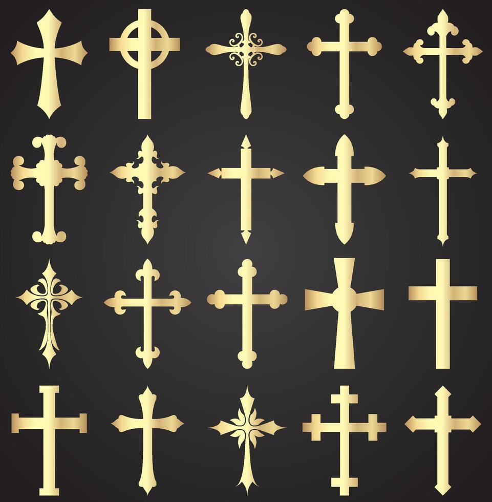 cross set gold religious symbols vector