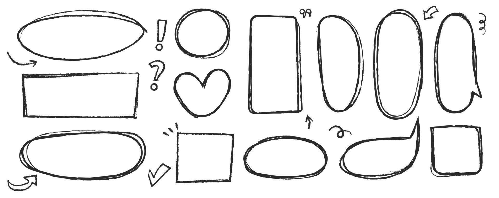 Set of highlight pen line elements. Black pencil brush. Marker round and elipse and scribble heart and speech bubble. Doodle square frame. illustration. vector
