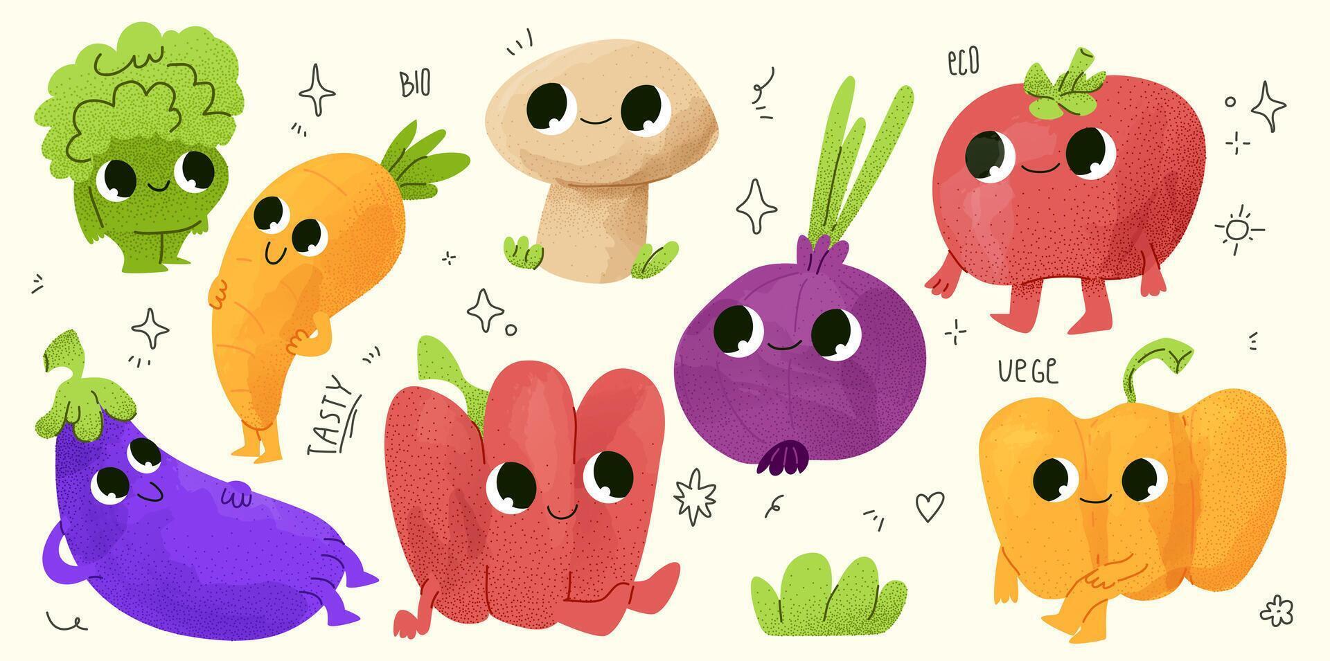 A set of cute smiling fruit characters. children's illustration with watercolour and noise texture and doodles. Trendy modern image vector