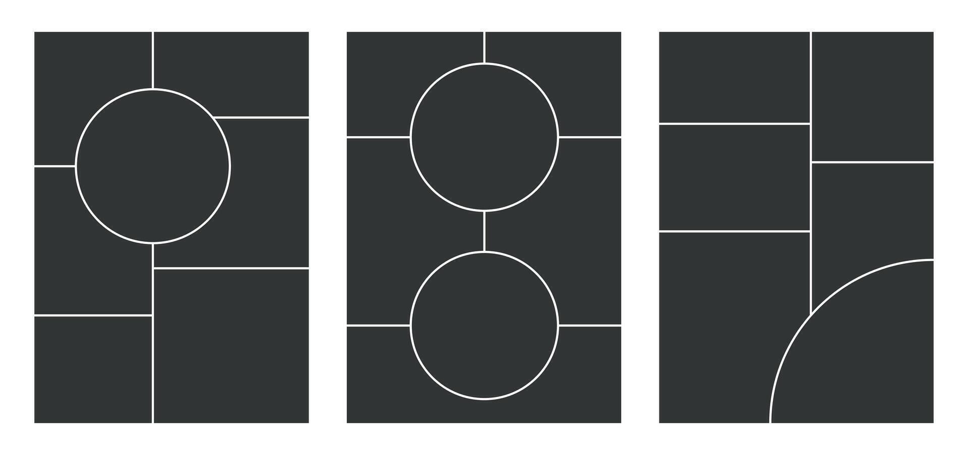 Grid template for photo collage. mood board. Page with frames. Simple layout mosiac with roundes. Gray at the white background. vector