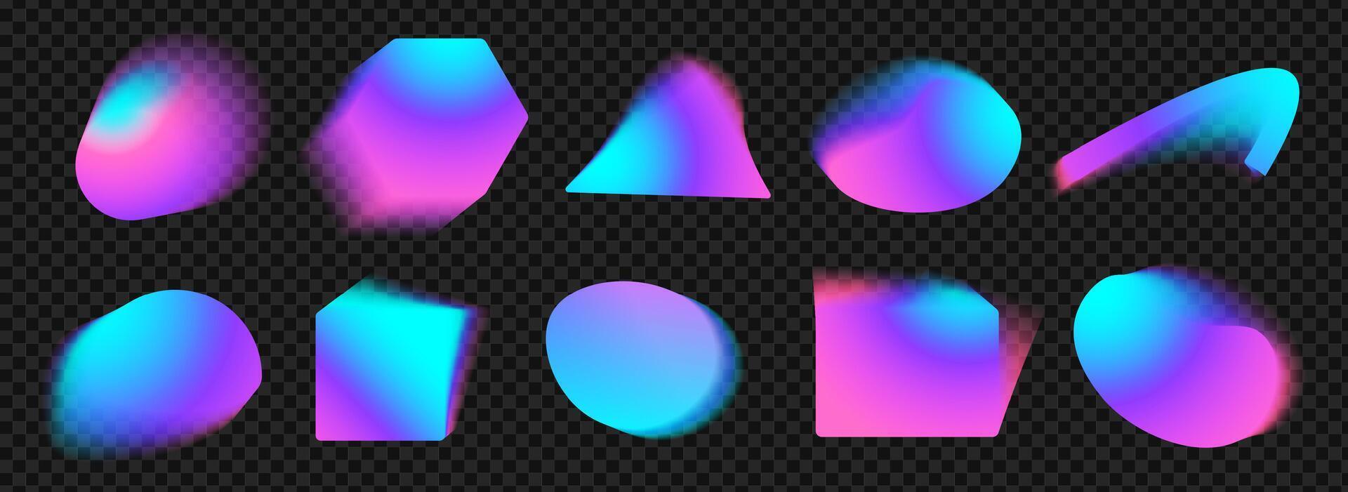 Set of blured gradient shapes in golographic neon colors on black transparent background. Fluid of light. Blue and purle brush liquid. vector