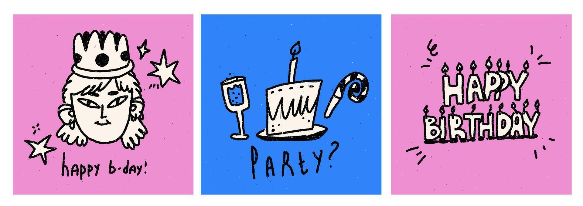 Happy birthday square cards. Funny illustrations with quirky girl with crown and candles and cakes.. textured illustration. Paper noise bg for ig. Pink and blue vector